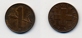 ШВЕЙЦАРИЯ 1 РАППЕН 1963 KM 46 бронза 54-345