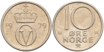 Норвегия 10 эре 1979  КМ 416 медно-никель    4169-329
