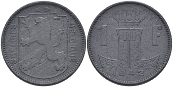 БЕЛЬГИЯ 1 ФРАНК 1942 BELGIE-BELGIQUE, ГЕРМАНСКАЯ ОККУПАЦИЯ KM 128 цинк 31-1237