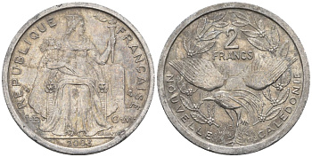 Французская Новая Каледония 2 франка 2003 птица кагу, (IEOM) KM 14, Schoen 11, Lec 68h алюминий    28-935