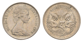 Австралия 5 центов 1978 Елизавета II (1952-2022) молодой портрет, ехидна KM 64 медно-никель 4152-255