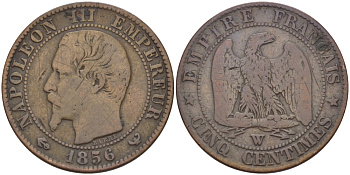 ФРАНЦИЯ 5 САНТИМОВ 1856 W, НАПОЛЕОН III (1852-1870) KM 777.7, LA FRANC 116.36 бронза 28-632