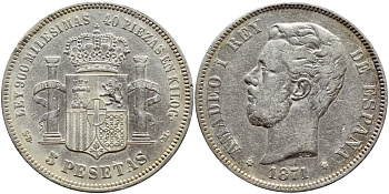 ИСПАНИЯ 5 ПЕСЕТ 1871 (71) SD-M, АМАДЕО I KM 666 серебро 00-00