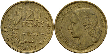 Франция 20 франков 1950 B, петух KM 917.1 алюминиевая бронза 4150-846