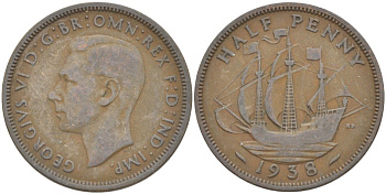 Великобритания 1/2 пенни 1938 Георг VI (1936-1952) KM 844, Spink 4115 бронза 4539-226