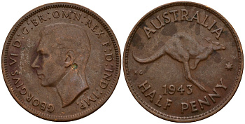 Австралия 1/2 пенни 1943 Георг VI (1937-1952) KM 41 бронза 4599-344