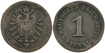 Германия 1 пфенниг 1877 A, Вильгельм I (1871-1888) KM 1, J. 1 медь 1524-345