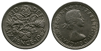 Великобритания 6 пенсов 1962 Елизавета II (1952-2022) KM 903, Spink 4149 медно-никель 4381-738