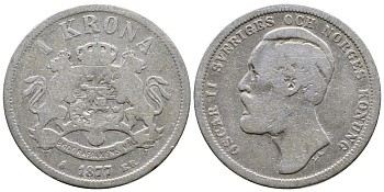 Швеция 1 крона 1877 EB, Оскар II, король Швеции и Норвегии KM 747 серебро 4178-431