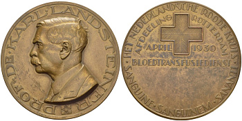 Нидерланды медаль ND профессор, доктор Карл Ландштейнер (1868-1943), лауреат Нобелевской премии, за открытие групп крови, нидерландское общество Красного креста, пеликан, диаметр 50 мм.  бронза 1089-5-31