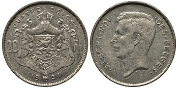 БЕЛЬГИЯ 20 ФРАНКОВ 1931 АЛЬБЕРТ, DES BELGES КМ 101.1 никель 443-414