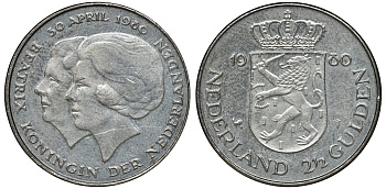 Нидерланды 2 1/2 гульдена 1980 коронация Беатрикс, 30 апреля 1980 KM 201 никель 72-1217