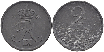 ДАНИЯ 2 ЭРЕ 1963 C; S, ФРЕДЕРИК IX (1947-1972) KM 840.2 цинк UNC 28-353