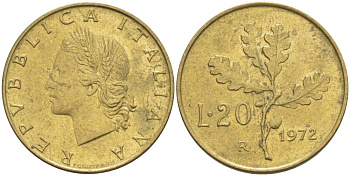 ИТАЛИЯ 20 ЛИР 1972 R, ДУБОВЫЕ ЛИСТЬЯ KM 97.2 алюминиевая бронза 4551-253