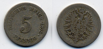 ГЕРМАНИЯ 5 ПФЕННИГОВ 1875 A, СТАРОГЕРБОВКА KM 3, J.3 медно-никель 46-423