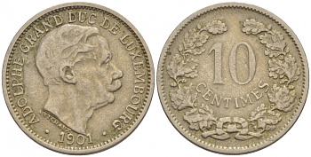 ЛЮКСЕМБУРГ 10 САНТИМОВ 1901 АДОЛЬФ (1890-1905) KM 25 медно-никель 4548-757
