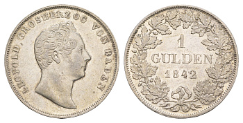 Баден 1 гульден 1842 Леопольд (1830-1852) KM 214, AKS 94, J. 56 серебро aUNC 00-822-86