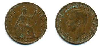 Великобритания 1 пенни 1948 Георг VI (1936-1952) KM 845, Spink 4114 бронза 57-143