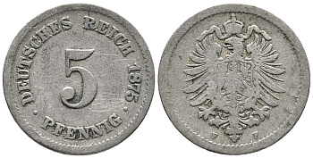 ГЕРМАНИЯ 5 ПФЕННИГОВ 1875 F, СТАРОГЕРБОВКА KM 3, J. 3 медно-никель 39-342