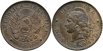 Аргентина 2 сентаво 1891 голова свободы влево KM 8 бронза 4531-1032