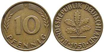 ФРГ 10 ПФЕННИГОВ 1950 F KM 108, J.383 сталь плакированная латунью 56-1011