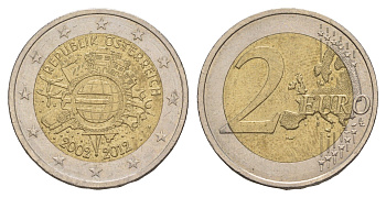 Австрия 2 евро 2012 10 лет монетарной политике и наличному евро KM 3205 биметалл aUNC 4637-551