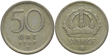 Швеция 50 эре 1947 TS, Густав V (1907-1950) KM 817 серебро 202-613