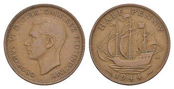 Великобритания 1/2 пенни 1944 Георг VI (1936-1952) KM 844, Spink 4115 бронза 4642-434