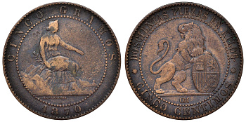 Испания 5 сентимо 1870 ОМ, лев со щитом KM 662 (Y53) медь 4116-646