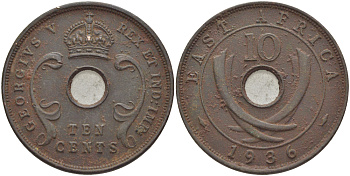 Британская Восточная Африка 10 центов 1936 Георг V (1910-1936) KM 19 бронза 3333-1131