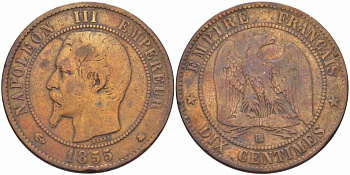 Франция 10 сантимов 1855 BB, Наполеон III (1852-1870) KM 771.3, Le Franc 133.23 бронза    4680-524