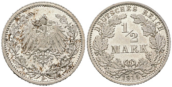 Германия 1/2 марки 1914 A KM 17 серебро UNC 4617-939