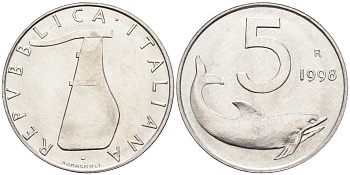 Италия 5 лир 1998 R, дельфин KM 92 алюминий  UNC  4594-953