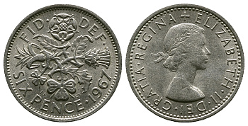 Великобритания 6 пенсов 1967 Елизавета II (1952-2022) KM 903, Spink 4149 медно-никель 4381-857