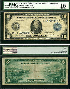 США 10 долларов 1914 National Bank Note, Сан-Франциско, Эндрю Джексон - 7-й президент США, голубая серия, в слабе PCGS 15 Fr 949  бумага   452-1-148