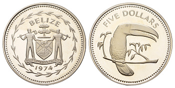 Белиз 5 долларов 1974 попугай Ара KM 44 медно-никель PROOF 11-252-45
