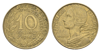 Франция 10 сантимов 1974 KM 929 алюминиевая бронза 4702-1267