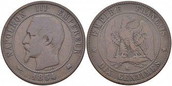 ФРАНЦИЯ 10 САНТИМОВ 1854 K, НАПОЛЕОН III (1852-1870) KM 771.5 бронза 114-1233