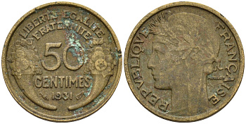 Франция 50 сантимов 1931 KM 894.1, Le Franc 192.15 алюминиевая бронза 4596-731