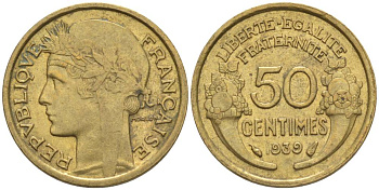 ФРАНЦИЯ 50 САНТИМОВ 1939 ТИП MORLON KM 894.1, LE FRANC 192.15 алюминиевая бронза 44-863