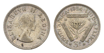 ЮАР 3 пенса 1954 Елизавета II (1952-2022) KM 47 серебро 4547-421