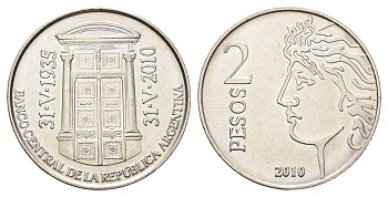 Аргентина 2 песо 2010 75 лет Центральному банку Аргентины KM 162 медно-никель BU 4661-245