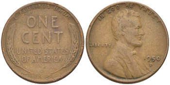 США 1 ЦЕНТ 1950 D, ЛИНКОЛЬН KM А132 медь цинк 218-539