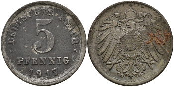 Германия 5 пфеннигов 1917 G KM 19, J. 297 железо 4151-567