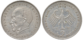 ФРГ 2 марки 1972 J, Теодор Хойс KM 127, J. 407 медно-никель плакированный никелем 4137-1016