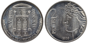 Аргентина 2 песо 2010 75 лет Центральному Банку KM 162 медно-никель UNC 4394-1211