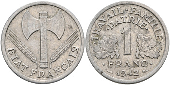 Франция 1 франк 1942 правительство Виши, тип Legere KM 902.1, Le Franc 223.2 алюминий 4116-1222