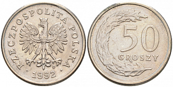 Польша 50 грошей 1992 MW KM 281, Parchimowicz 706c медно-никель UNC 4516-569