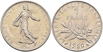 Франция 1 франк 1960 сеятель KM 925.1, LE FRANC 226.4 никель    4177-222