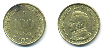 Аргентина 100 песо 1980 генерал Хосе де Сан Мартин KM 85 алюминиевая бронза 80-243